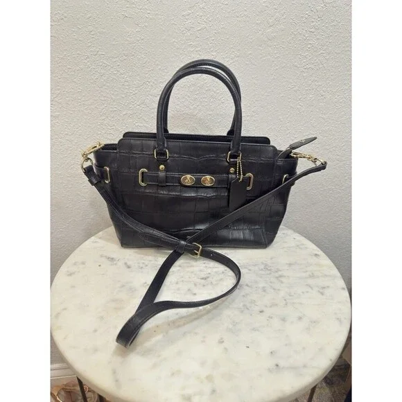 Coach Black Croc Embossed Leather Satchel Shoulder Crossbody Bag - Picture 5 of 11